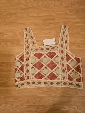 Crochet Lace Square-Neck Tank Top in Cream and Terracotta